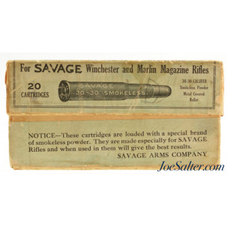  Scarce Full Box Savage 30-30 Ammo Indian Logo Early Utica Address Steel Jacket