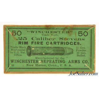 Excellent Full Box Winchester 25 Stevens RF Black Powder Ammo Circa 1910