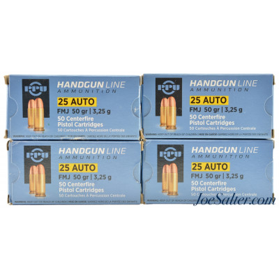 PPU 25 Auto Ammunition 50 Grain FMJ 200 Rounds