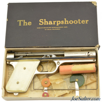 Scarce Boxed Nickel Deluxe Sharpshooter Pellet Pistol W/Extras Bulls Eye Mfg. Corp