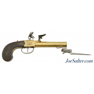 European Brass-Framed Flintlock Pistol With Snap Bayonet