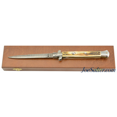 AB Italy 11" Swivel Bolster Auto Knife with Damascus Stag Limited Edition